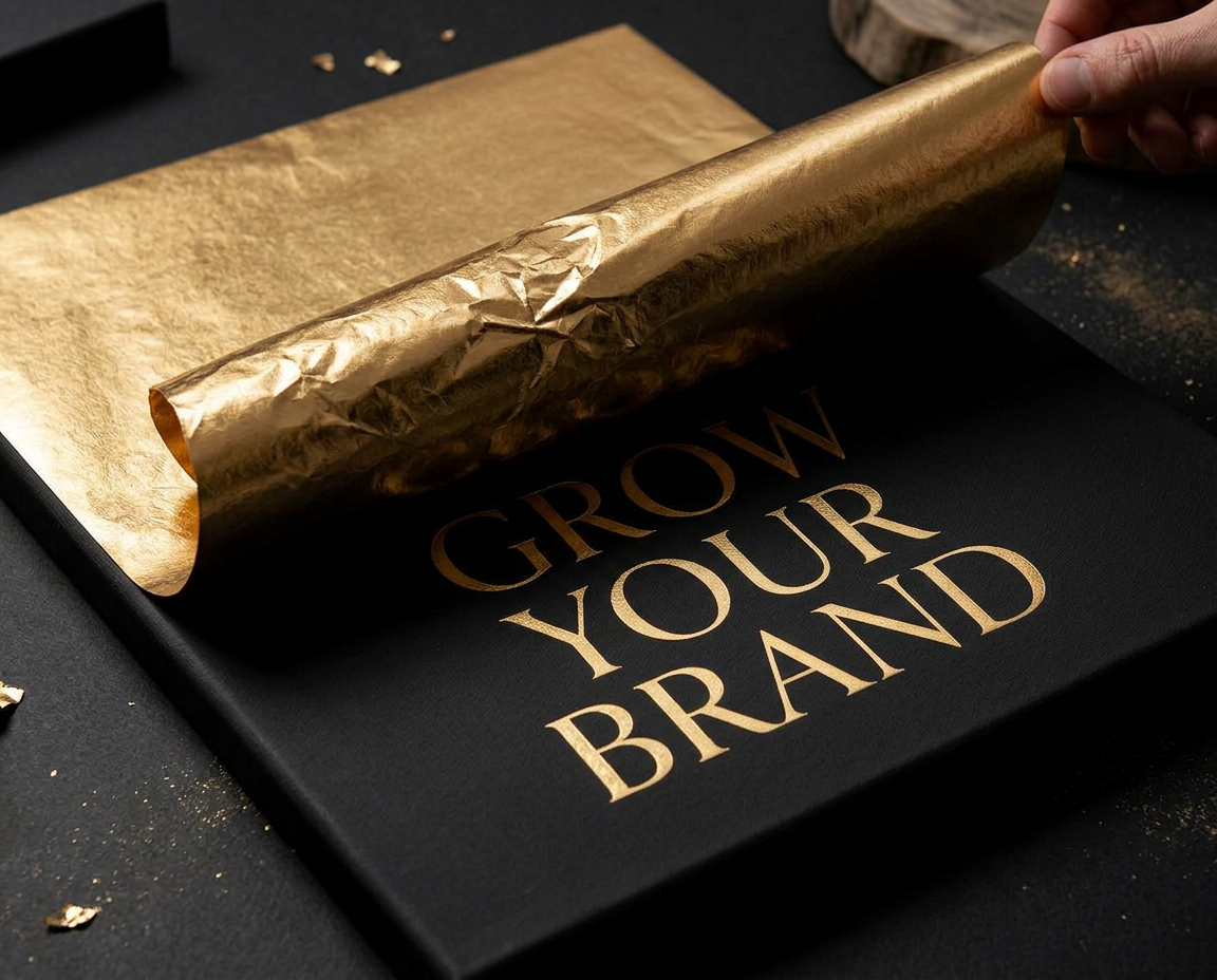 Golden foil being peeled from a black canvas to reveal Grow Your Brand